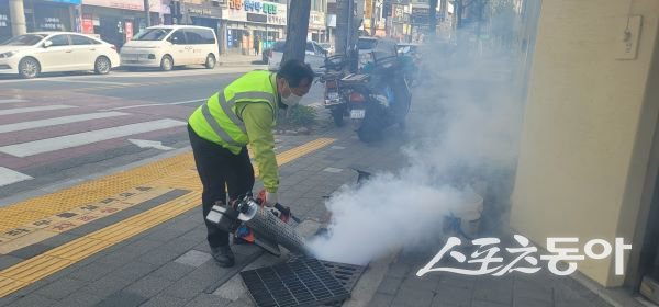 영주시보건소가 하수구를 방역하고 있는 모습. 사진제공ㅣ영주시