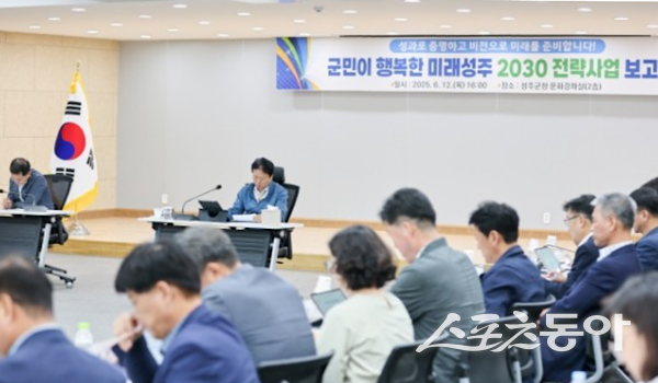 지난 12일 성주군이 ‘군민이 행복한 미래성주 2030 전략과제 보고회’를 실시하고 있는 모습. 사진제공ㅣ성주군