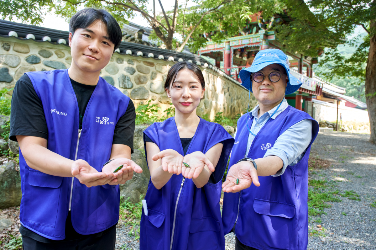 효성그룹 임직원이 인공증식에 성공한 비단벌레를 자연에 방사하고 있다. 사진제공 |효성