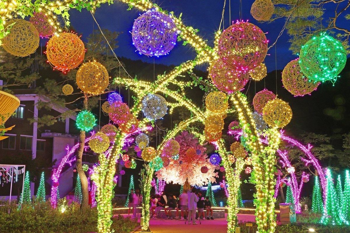 괴강관광지의 괴강불빛공원. 경관조명과 미디어파사드로 밤이 더 멋진 괴산의 새로운 명소로 특히 데이트 장소로 인기다 사진제공|괴산군