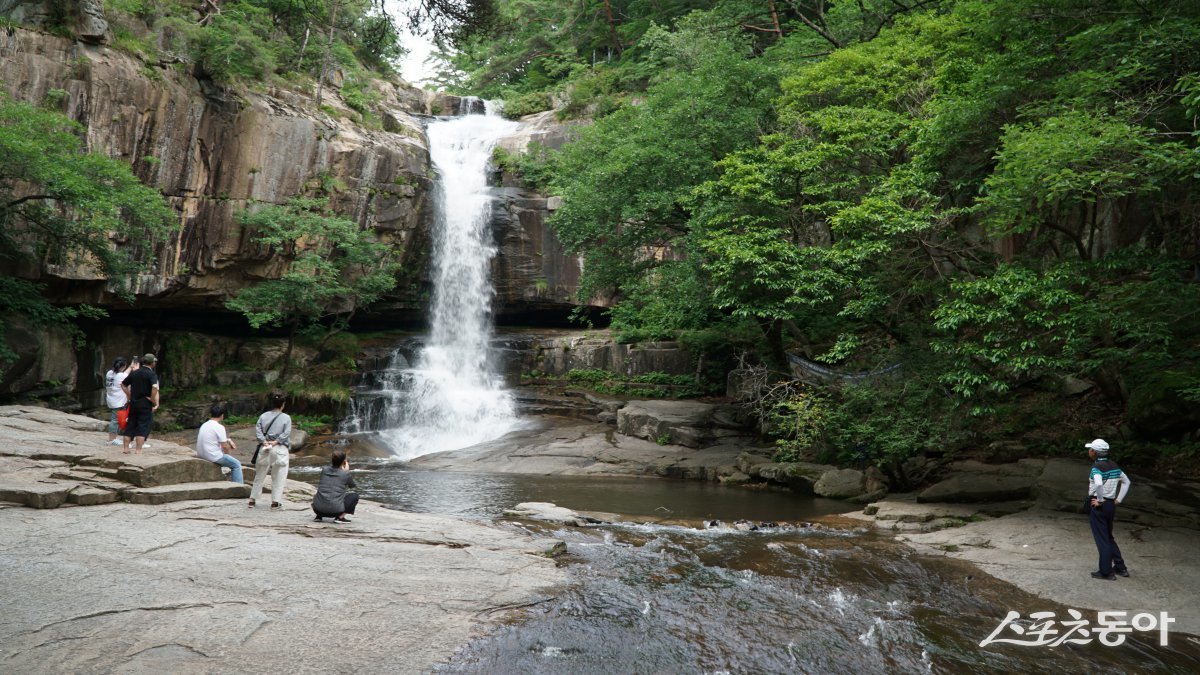 괴산 수옥폭포. 굵은 물줄기가 보는 이에게 더위를 잊게 하는 통쾌함을 전해준다. 주변의 절벽과 어우러진 모습도 멋지다 괴산|김재범 기자 oldfield@donga.com