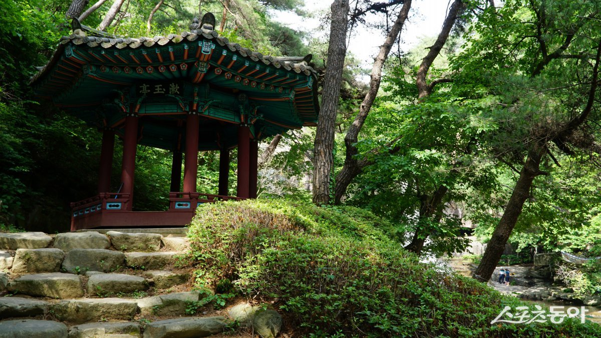 수옥폭포를 바라보는 언덕에 있는 팔각정자. 원래는 1711년(숙종 37년) 지은 수옥정(漱玉亭)이 이곳에 있었으나 정자가 오래되어 쇠락한 후 1960년 군의 지원을 받은 지역 주민들이 팔각정을 건립했다 괴산|김재범 기자 oldfield@donga.com