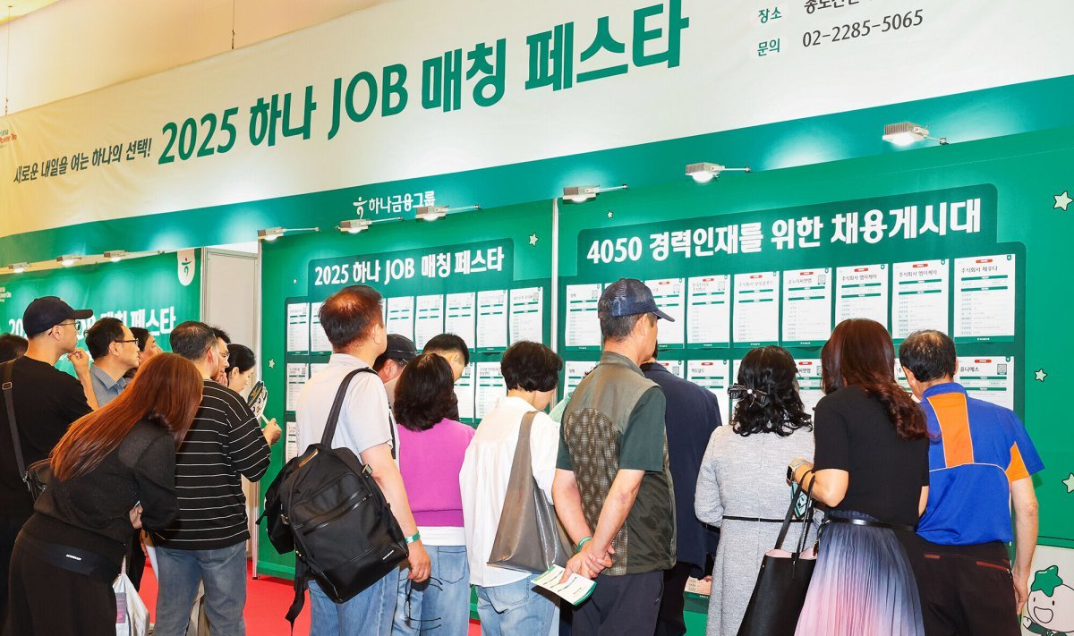 하나금융이 최근 인천 송도컨벤시아에서 ‘2025년 제1차 하나 잡(JOB) 매칭 페스타’를 성료했다. 행사에 참여한 협력기관 및 참여기업 관계자들의 기념촬영(위), 취업박람회 채용공고 게시대를 살펴보고 있는 구직자들. 사진제공|하나금융