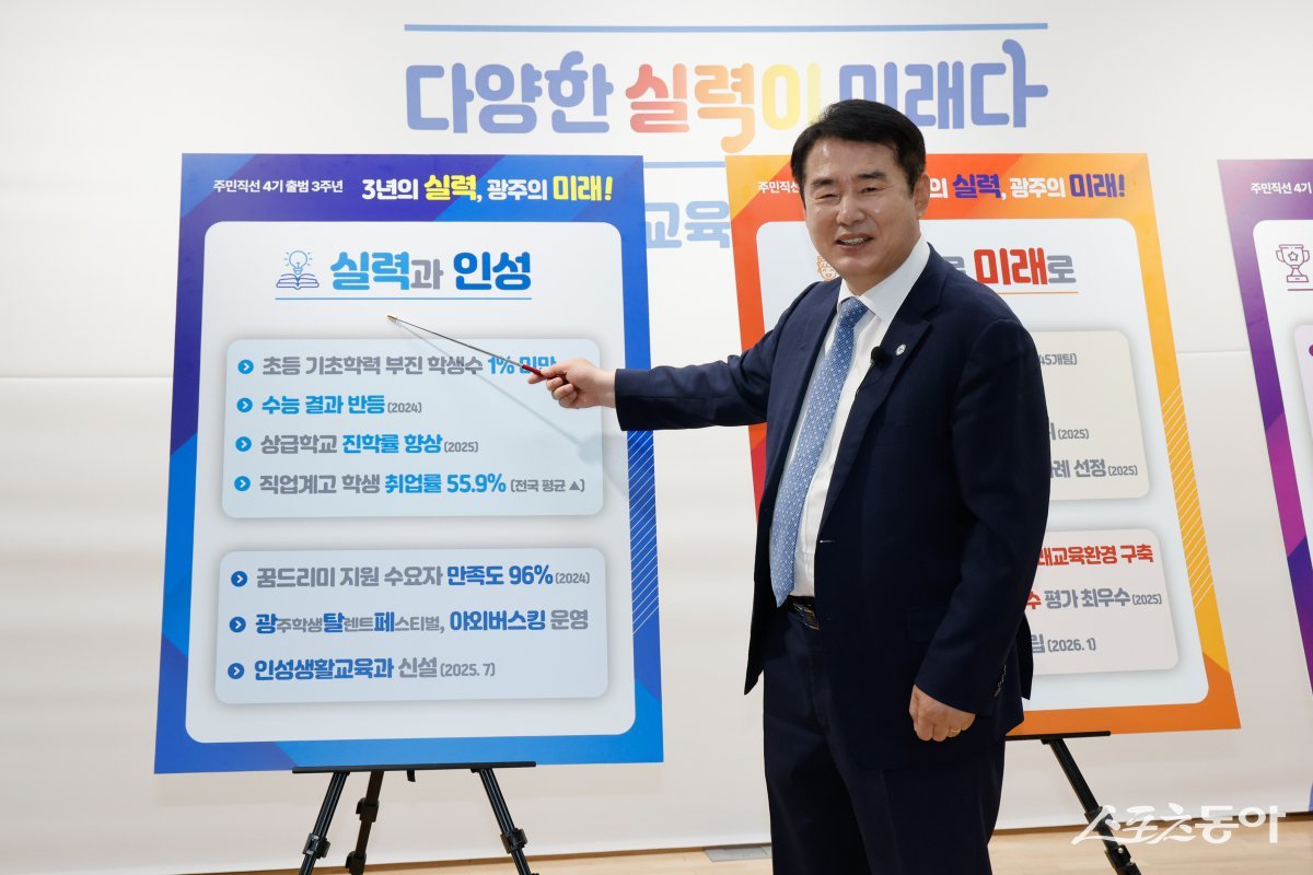 이정선 광주시교육감이 지난 26일 ‘취임 3주년 기자회견’을 열고 그동안 성과와 앞으로의 계획을 발표했다. 사진제공=광주시교육청