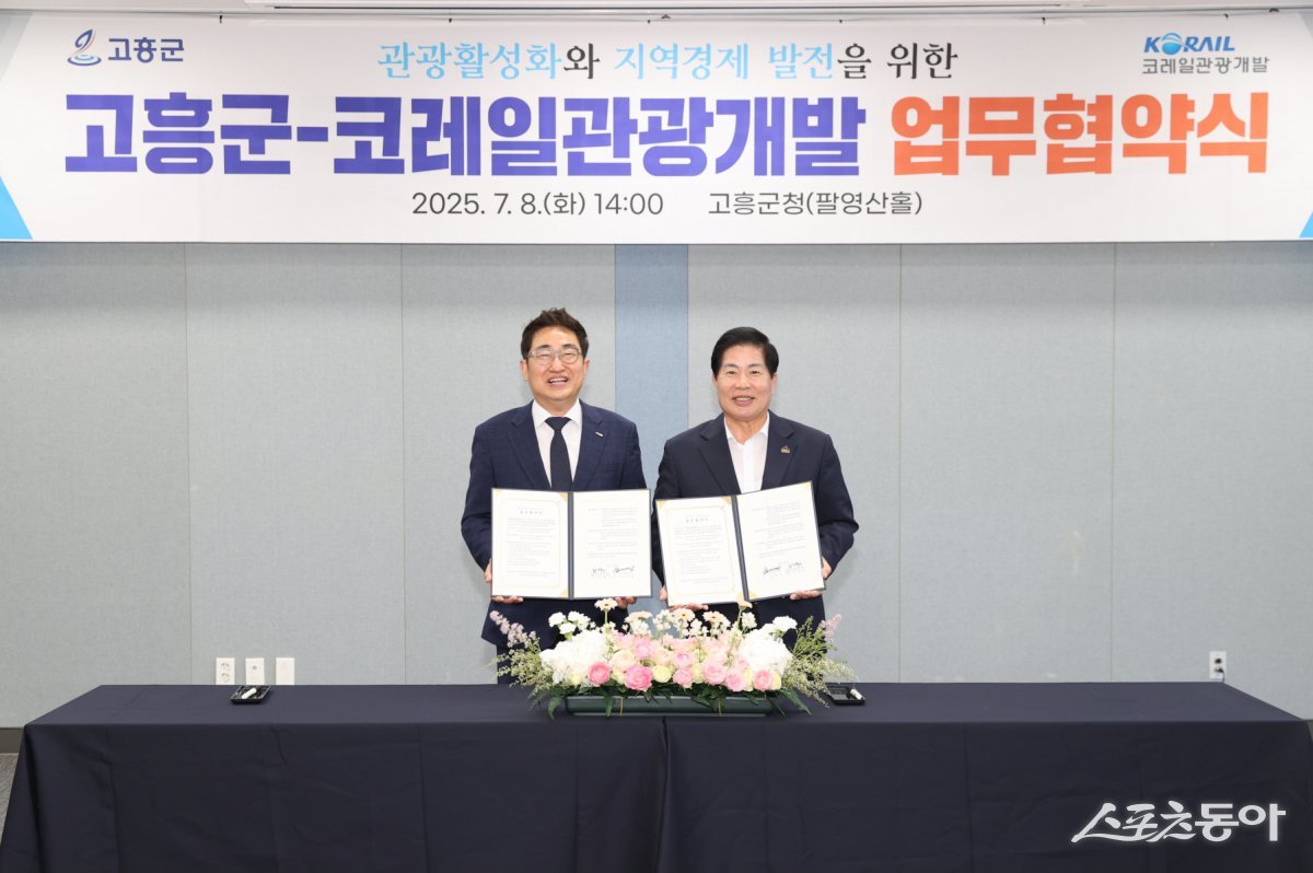 고흥군이 지난 8일 군청 팔영산홀에서 코레일관광개발과 ‘관광활성화 및 지역경제 발전’을 위한 업무협약을 체결했다. 사진제공=고흥군