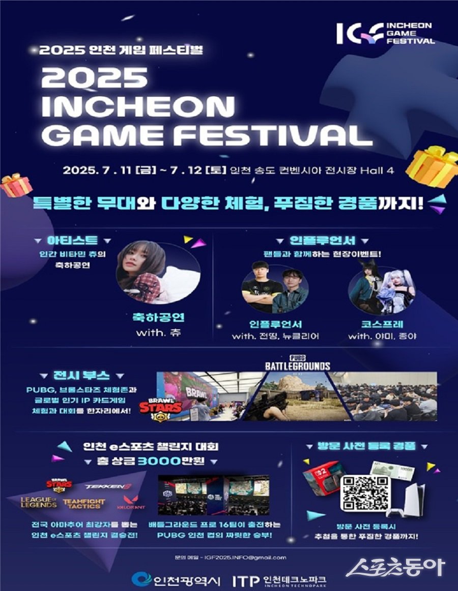 인천광역시(시장 유정복)는 인천시가 주최하고 인천테크노파크가 주관하는 ‘2025 인천 게임 페스티벌’을 오는 7월 11일부터 12일까지 이틀간 개최한다(포스터). 사진제공｜인천시