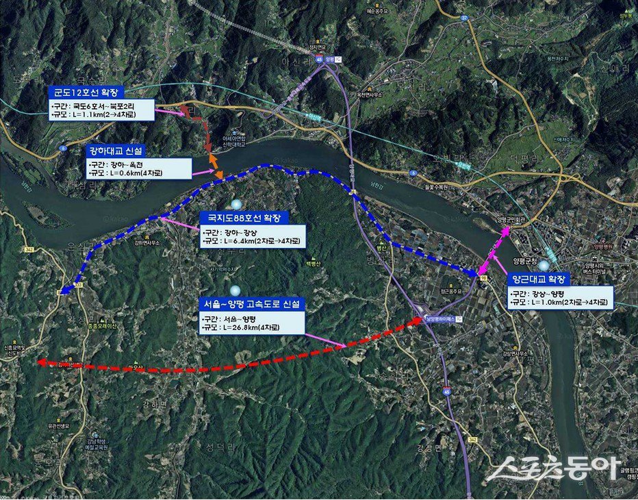 전진선 양평군수가 서울~양평 고속도로 사업 백지화로 인해 지역 발전이 크게 후퇴했다고 주장하며, 노선 변경과 특혜 의혹 논란의 재검토를 촉구하고 나섰다(2030 양평군기본계획 서울~얖평 고속도로 신설 계획도). 사진｜장관섭 기자
