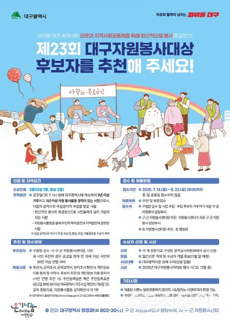 대구시 ‘제23회 대구자원봉사대상’ 공개 모집 안내 포스터. 사진제공 ㅣ 대구시