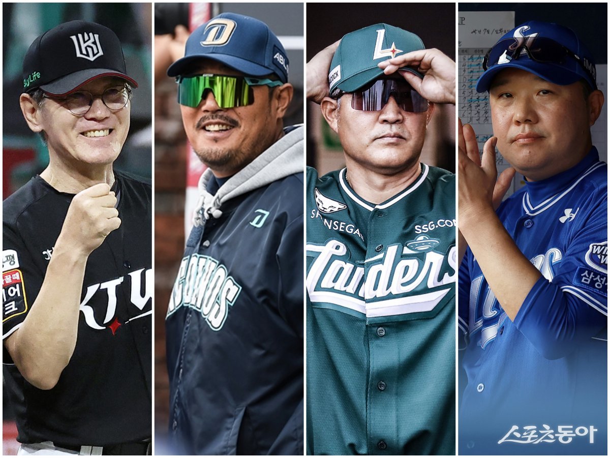 5위부터 8위까지 4개 팀이 1경기 차 안에 몰려있다. 22일부터 3일간 창원(KT-NC), 대구(SSG-삼성)에서 펼쳐질 주중 3연전으로 순위표가 다시 한번 요동칠 전망이다. 이강철 KT 감독, 이호준 NC 감독, 이숭용 SSG 감독, 박진만 삼성 감독(왼쪽부터). 사진제공|KT 위즈·NC 다이노스·SSG 랜더스·삼성 라이온즈