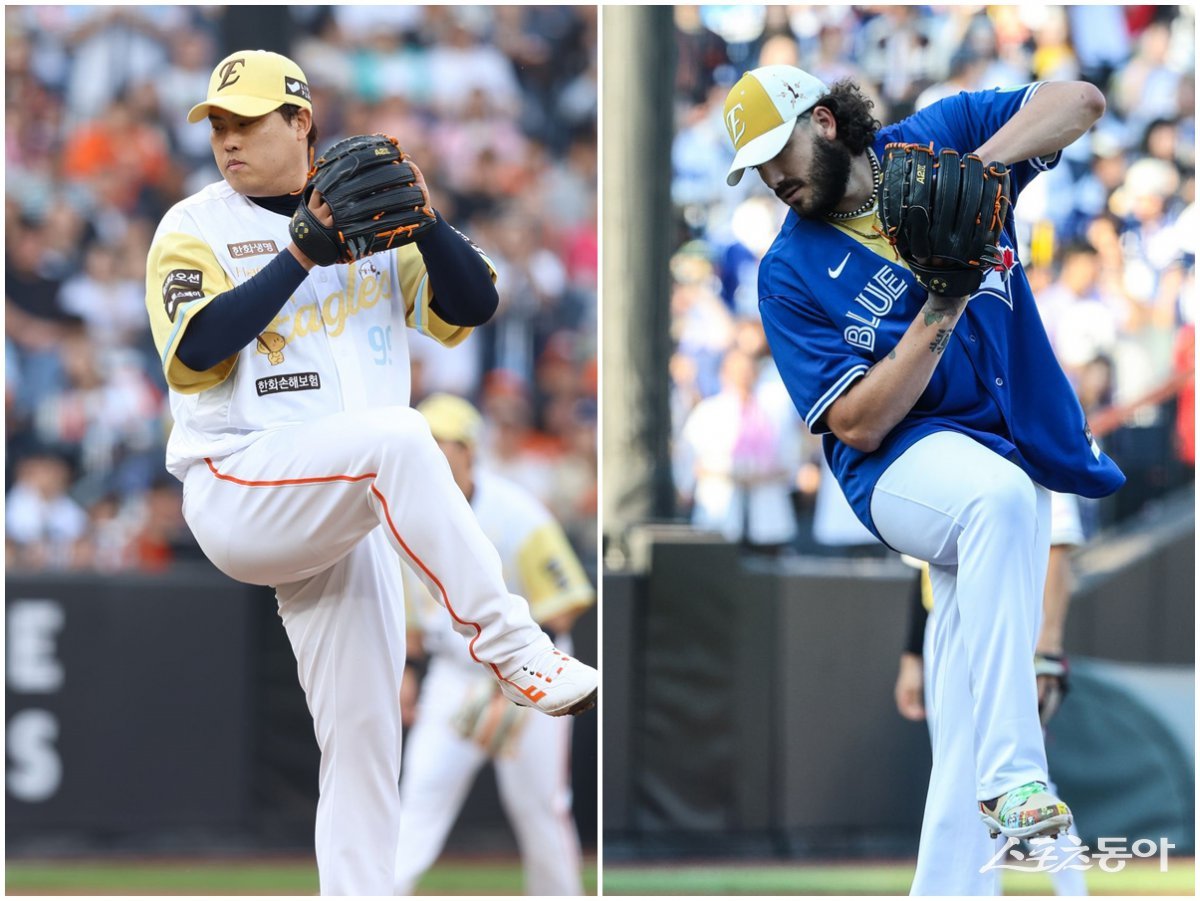 한화 외국인투수 코디 폰세(오른쪽)가 12일 대전한화생명볼파크에서 열린 ‘2025 신한 SOL 뱅크 KBO 올스타전’에서 나눔 올스타 선발투수로 등판해 류현진의 투구폼을 따라하고 있다. 사진제공｜한화 이글스