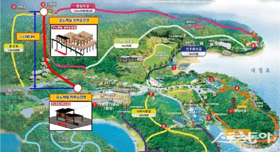 충청북도의 대표 관광지 청남대가 교통약자 접근성을 대폭 개선하기 위한 모노레일 설치 사업에 본격 착수했다(청남대 모노레일 설치 위치도). 사진제공|충북도