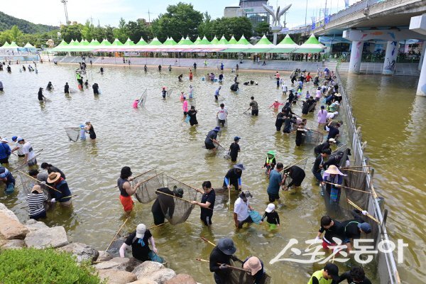 봉화은어축제의 대표 체험 프로그램인 ‘은어 반두잡이 체험’에서 참가자들이 즐기고 있다. 사진제공 ㅣ 봉화군