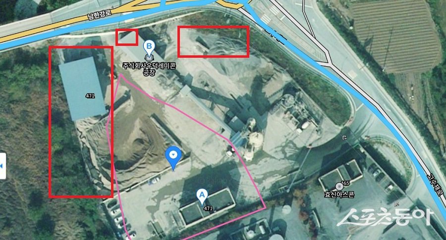 충북 단양군 가곡면 사평리 620-2번지 일대에서 공장을 운영 중인 Y레미콘사. 사진제공｜다음 지도