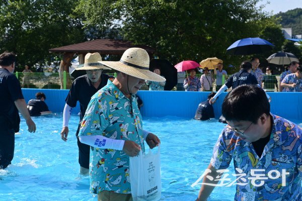 봉화군청과 봉화군의회가 기관대항 은어 맨손잡기 경기를 하고 있다. 사진제공 ㅣ 봉화군