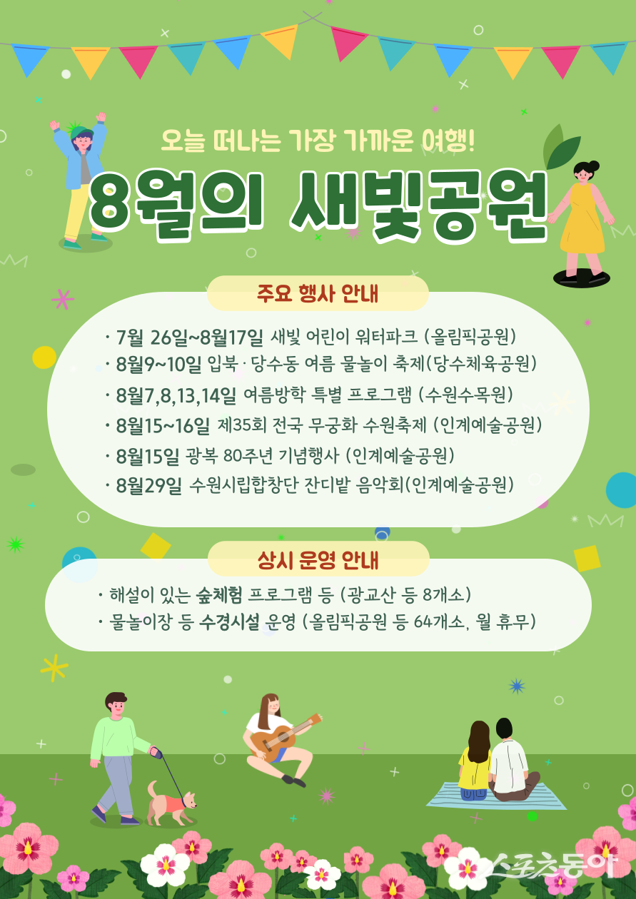 수원시(시장 이재준)가 광복 80주년을 기념하고, 도심 속 공원을 시민들의 일상 속 여행지로 조성하기 위해 8월 한 달간 다채로운 여름 행사를 개최한다(홍보물). 사진제공｜수원시