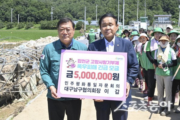 이갑 민주평화통일자문회의 대구남구협의회장이 경남 합천군에 고향사랑기부금을 전달하고 있다. 사진제공 ㅣ 남구