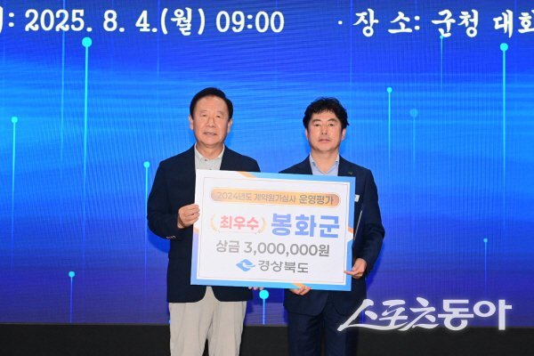 봉화군이 경상북도 2024년 계약원가심사 운영평가에서 군부 최우수상을 수상했다. 사진제공 ㅣ 봉화군