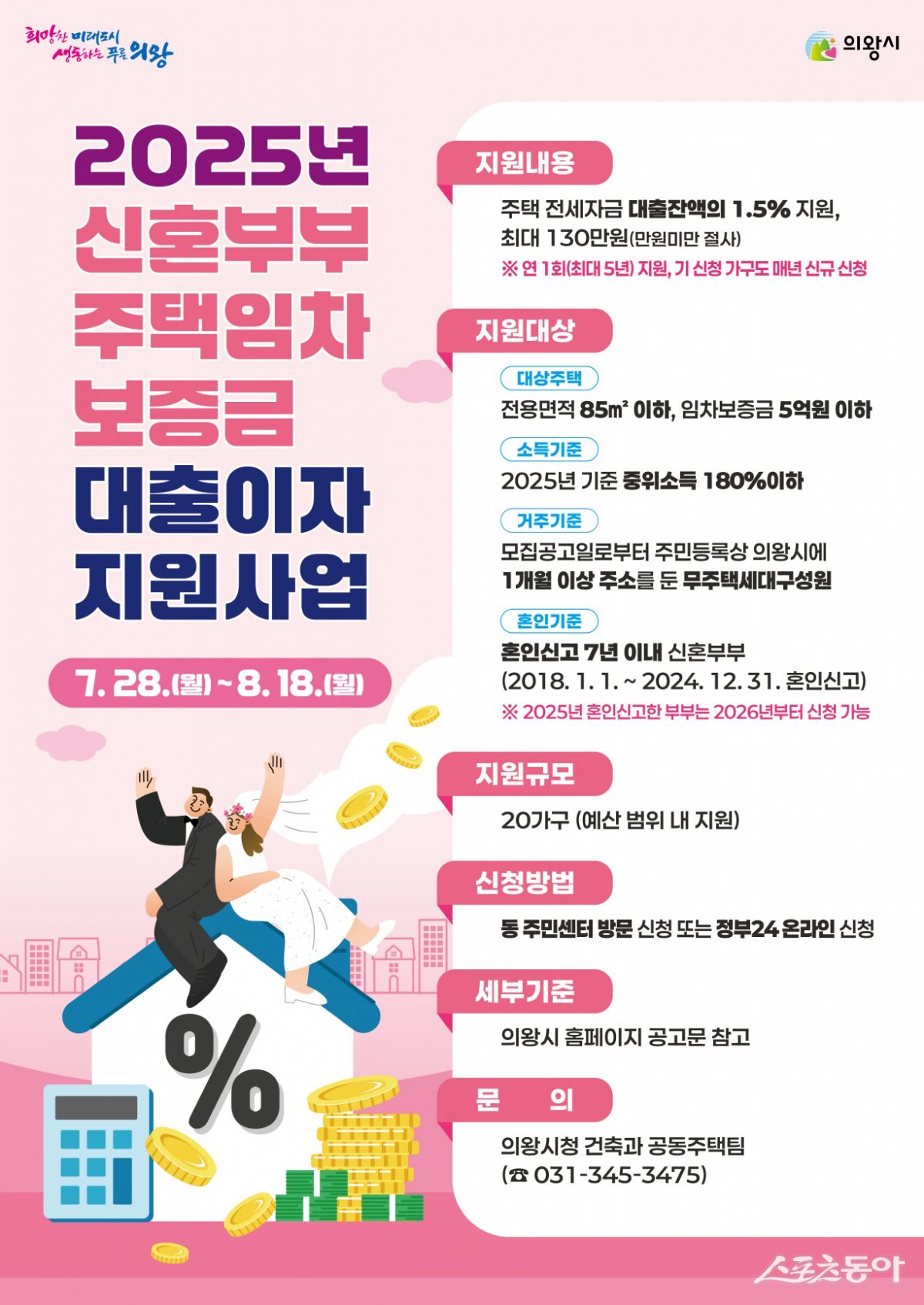 의왕시(시장 김성제)가 무주택 신혼부부의 주거 안정과 자립 기반 마련을 위해 ‘2025년 신혼부부 주택임차보증금 대출이자 지원사업’ 신청을 오는 8월 18일까지 접수받는다(포스터). 사진제공｜의왕시