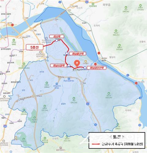 하남시(시장 이현재)는 오는 8월 9일 첫차부터 지하철 5호선 하남구간(미사역, 하남풍산역, 하남시청역, 하남검단산역)에서 ‘기후동행카드’ 사용이 가능해진다(노선도). 사진제공|하남시