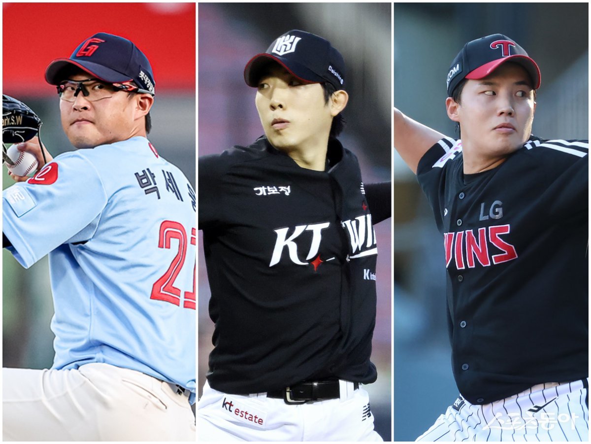 롯데 박세웅, KT 오원석, LG 임찬규(왼쪽부터)가 올 시즌 에이스의 상징인 15승을 달성할지 주목된다. 사진제공|롯데 자이언츠·KT 위즈·LG 트윈스