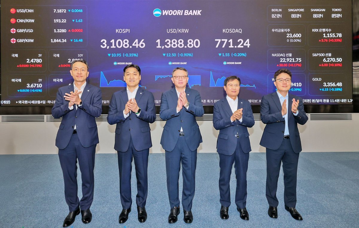 본점 딜링룸 전광판 점등식에서 기념 촬영을 하고 있는 정진완 우리은행장(가운데). 사진제공|우리은행