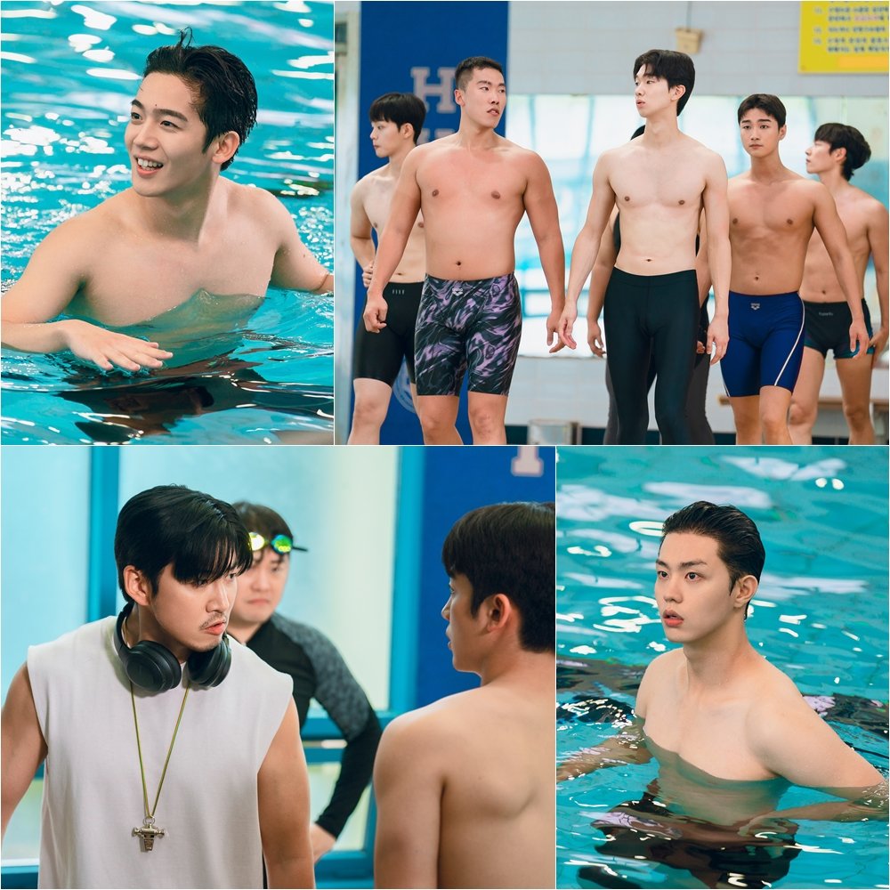SBS 금토드라마 ‘트라이: 우리는 기적이 된다’에서 한양체고 럭비부가 수영장에서 단체 상의 탈의로 청량감을 폭발시키며 안방극장을 뜨겁게 달군다. 사진제공 | SBS