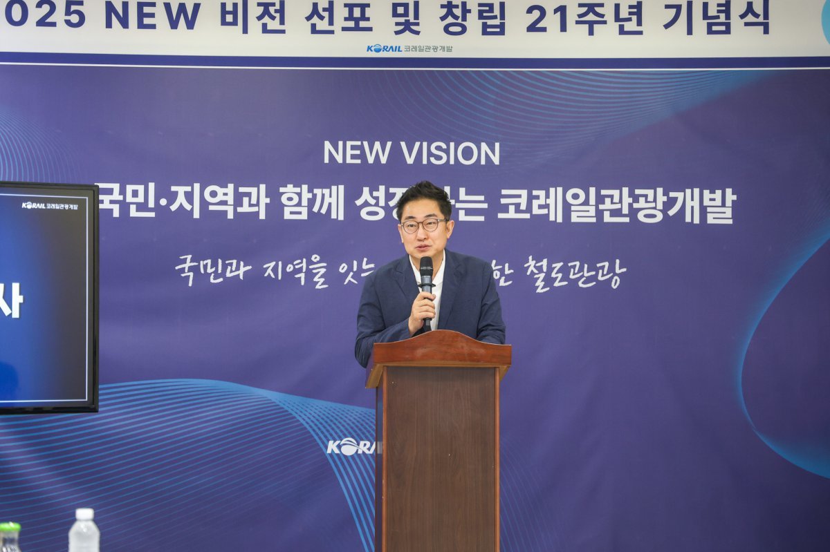 코레일관광개발 2025 NEW 비전 선포 및 창립 21주년 기념식에서 권백신 대표이사가 기념사를 하고 있다