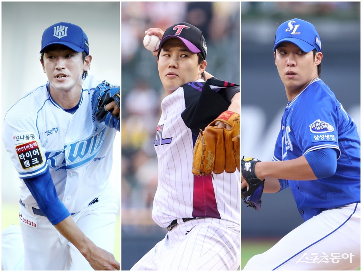 KT 고영표, LG 임찬규, 삼성 원태인(왼쪽부터)이 국내 최고의 선발 자리를 놓고 치열한 경합을 벌이고 있다. 임찬규는 WAR, 원태인은 K/BB, 고영표는 QS 부문에서 1위를 달리고 있다. 사진제공｜KT 위즈·LG 트윈스·삼성 라이온즈