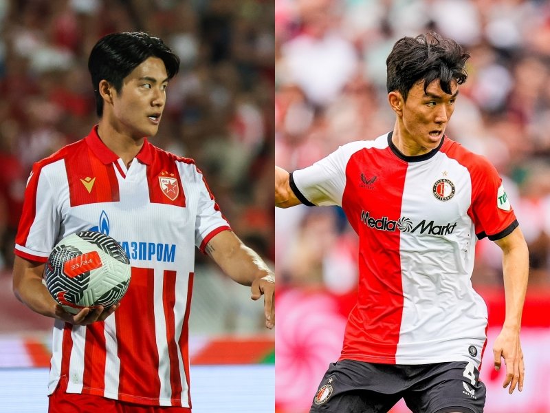 즈베즈다 설영우(왼쪽)는 13일(한국시간) 레흐 포즈난과 UCL 3차예선 2차전 홈경기에서 풀타임을 소화해 팀의 UCL PO 진출에 힘을 보탰다. 하지만 황인범은 같은 날 페네르바체와 원정경기에서 어시스트를 기록했음에도 팀의 UCL행 도전을 멈춰야 했다. 사진출처|츠르베나 즈베즈다·페예노르트 페이스북