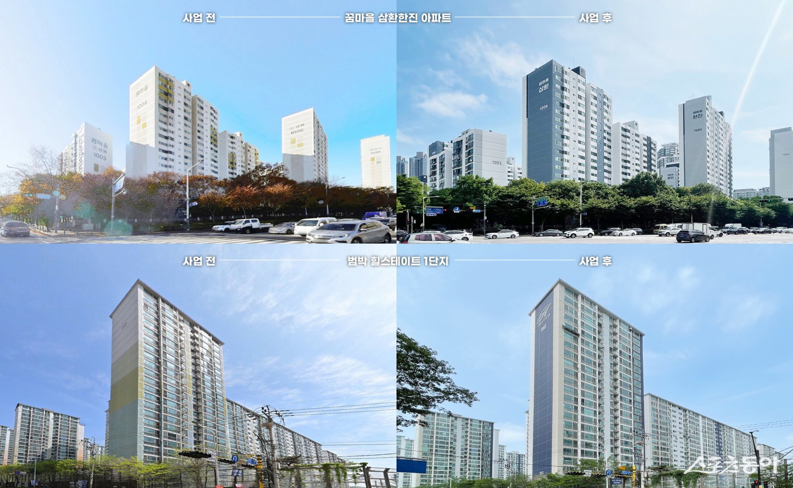 부천시가 ‘아파트 경관색채(도장) 컨설팅 지원 시범사업’ 상반기 대상지 컨설팅을 마무리하고, 하반기에도 사업을 이어간다(상반기 꿈마을 삼환한진 아파트, 범박 힐스테이트 1단지 전, 후 모습). 사진제공|부천시