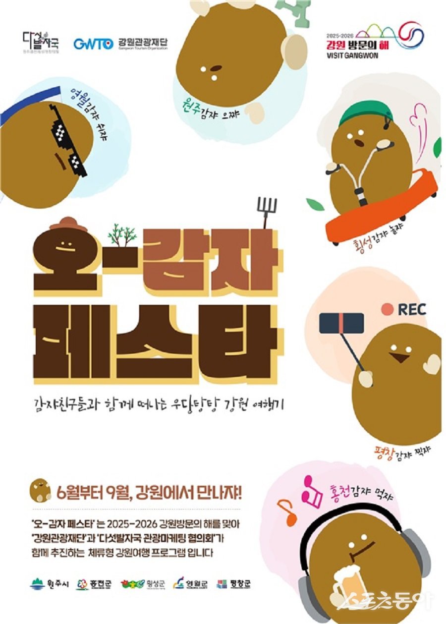 강원관광재단(대표이사 최성현, 이하 재단)은 ‘2025-2026 강원 방문의 해’를 맞아 영서 내륙 5개 시·군과 함께하는 다섯발자국 공동 홍보 마케팅 사업의 일환으로 새로운 체류형 관광상품 네 번째 프로그램 ‘오감자 페스타’를 오는 8월 30일부터 31일까지 영월에서 개최한다(‘오감자 축제(페스타)’영월 행사 포스터). 사진제공|강원관광재단