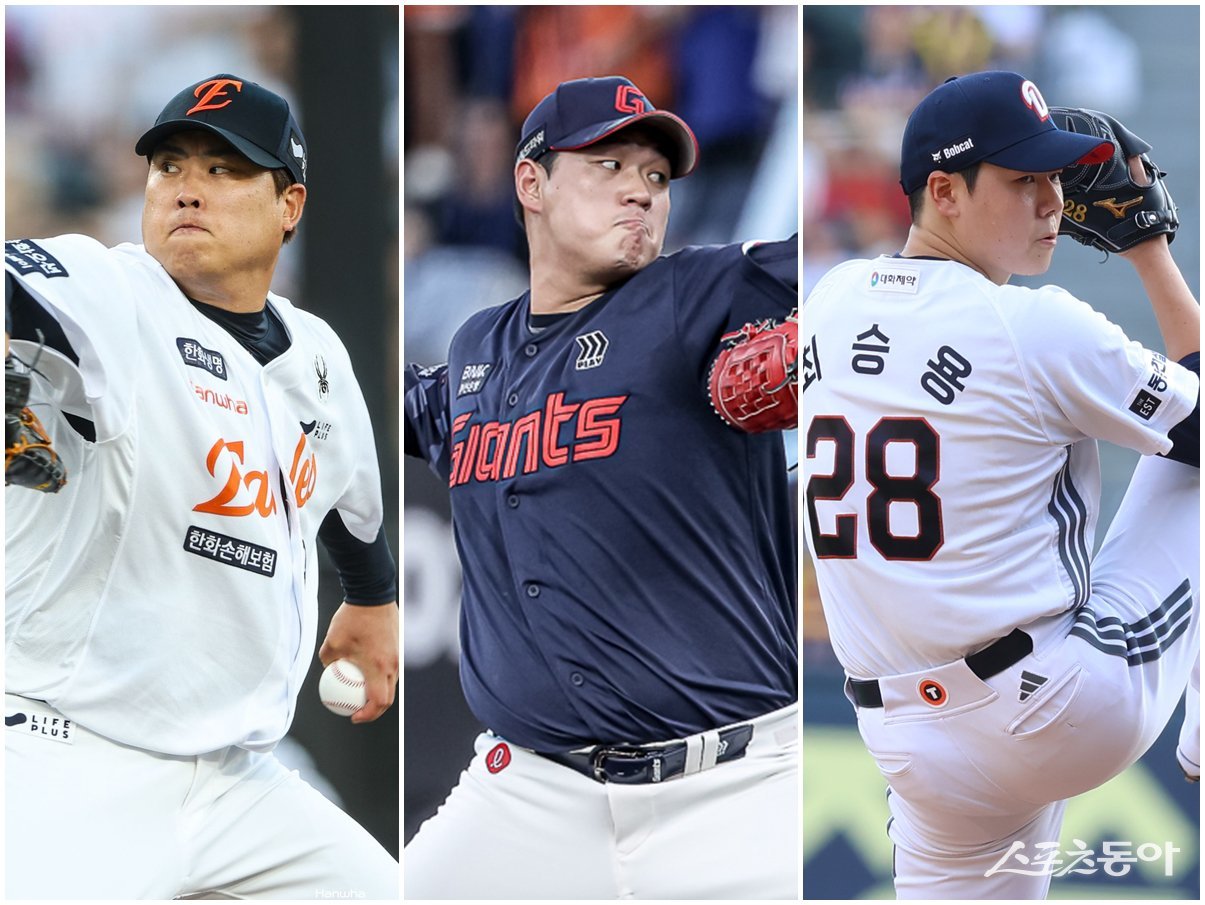 한화 류현진, 롯데 나균안, 두산 최승용(왼쪽부터)이 후반기 맹활약에도 동료들의 지원이 저조해 승수 쌓기에 애를 먹고 있다. 감독들도 미안해할 정도다. 사진제공｜한화 이글스·롯데 자이언츠·두산 베어스