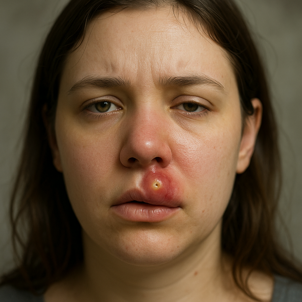 얼굴의 이른바 ‘죽음의 삼각지대’ 여드름을 손으로 짰다가 부어오른 모습 (AI 생성 이미지)