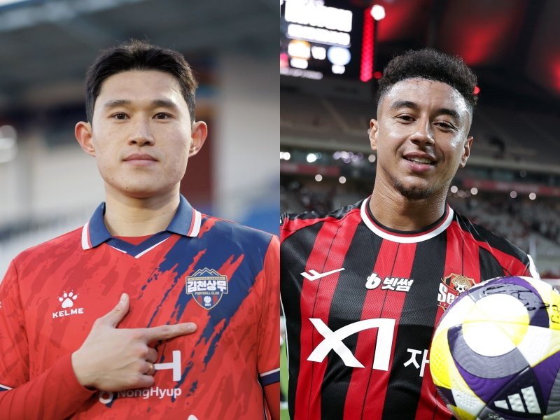 김천 이동경(왼쪽)과 서울 린가드가 17일 김천종합운동장에서 열릴 ‘하나은행 K리그1 2025’ 26라운드에서 맞붙는다. 현재 K리그1 키패스 부문 최상위권을 달리고 있는 두 공격형 미드필더의 자존심 싸움이 예상된다. 사진제공｜한국프로축구연맹