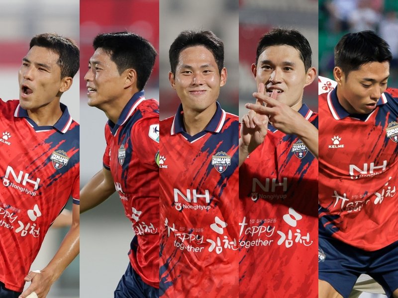 김천 병장들의 활약이 빛났다. 17일 서울과 홈경기에서 10월 전역 예정인 ‘김천 9기’ 원기종, 김승섭, 맹성웅, 이동경, 이동준(왼쪽부터)이 나란히 골을 터트리며 6-2 승리를 이끌었다. 사진제공｜한국프로축구연맹