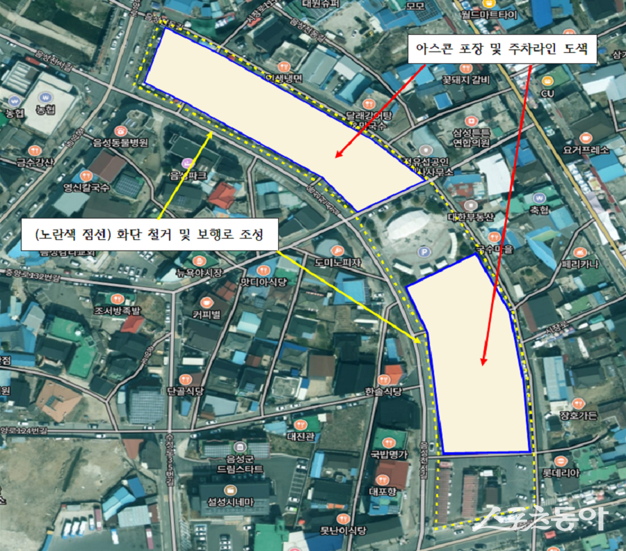 음성군은 쾌적한 주차환경 조성을 위해 18일부터 ‘음성읍 복개천주차장 환경개선사업’을 본격 착공했다(위치도). 사진제공|음성군