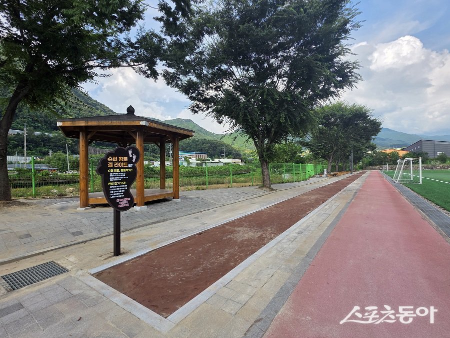 충북 단양군 대강면이 주민들의 건강 증진과 휴식 공간 제공을 위해 조성한 ‘황토 맨발 걷기길’이 본격 운영에 들어갔다(‘황토 맨발 걷기길’ 전경). 사진제공|단양군