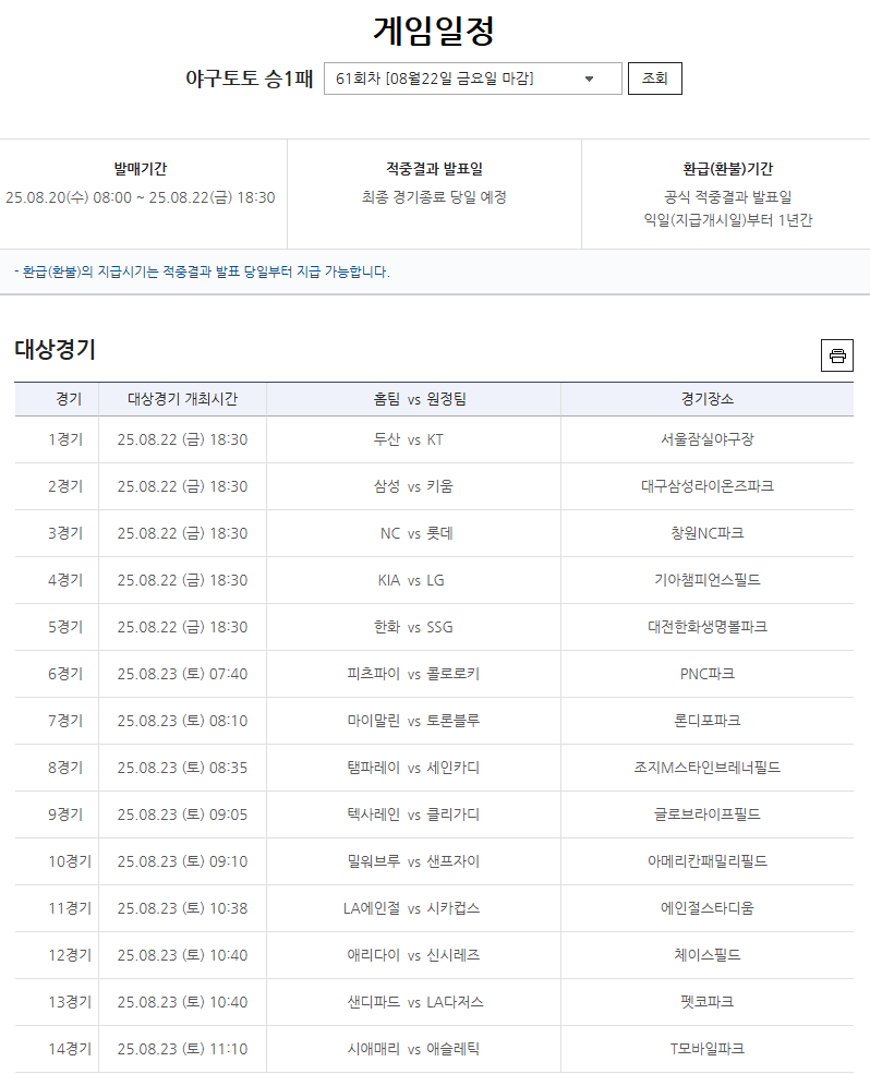 야구토토 승1패 61회차 대상경기.