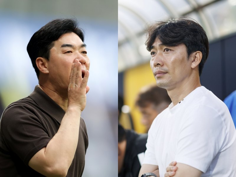 K리그2 선두 인천 윤정환 감독(왼쪽)은 다른 팀들과 큰 격차로 1위를 수성 중이지만, 방심하지 않는다. 반면, 수원 변성환 감독은 최대한 2위를 지키며 선두 탈환의 기회를 엿보겠다는 계획이다. 사진제공｜한국프로축구연맹