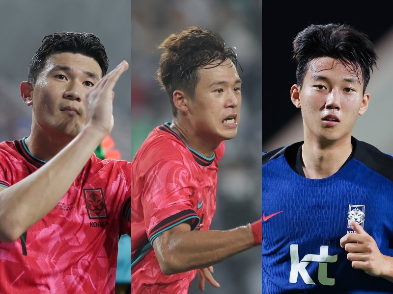 홍명보 대표팀 감독은 9월 미국, 멕시코를 잇달아 상대할 친선경기 2연전에서도 스리백 가능성을 열어뒀다. 핵심 센터백 김민재를 필두로 김주성, 이한범(왼쪽부터) 등 젊은 자원들과 최적의 조합을 맞추는 것이 관건이다. 사진제공｜대한축구협회