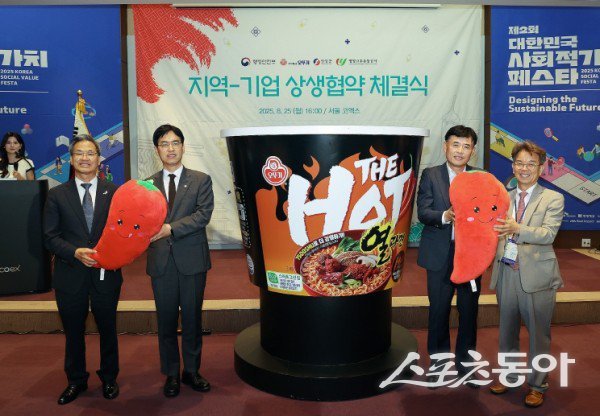 오도창 영양군수(왼쪽)가 25일 행정안전부-㈜오뚜기-영양고추유통공사 간 상생을 위한 업무협약을 체결하고 단체 기념촬영을 하고 있는 모습. 사진제공ㅣ영양군