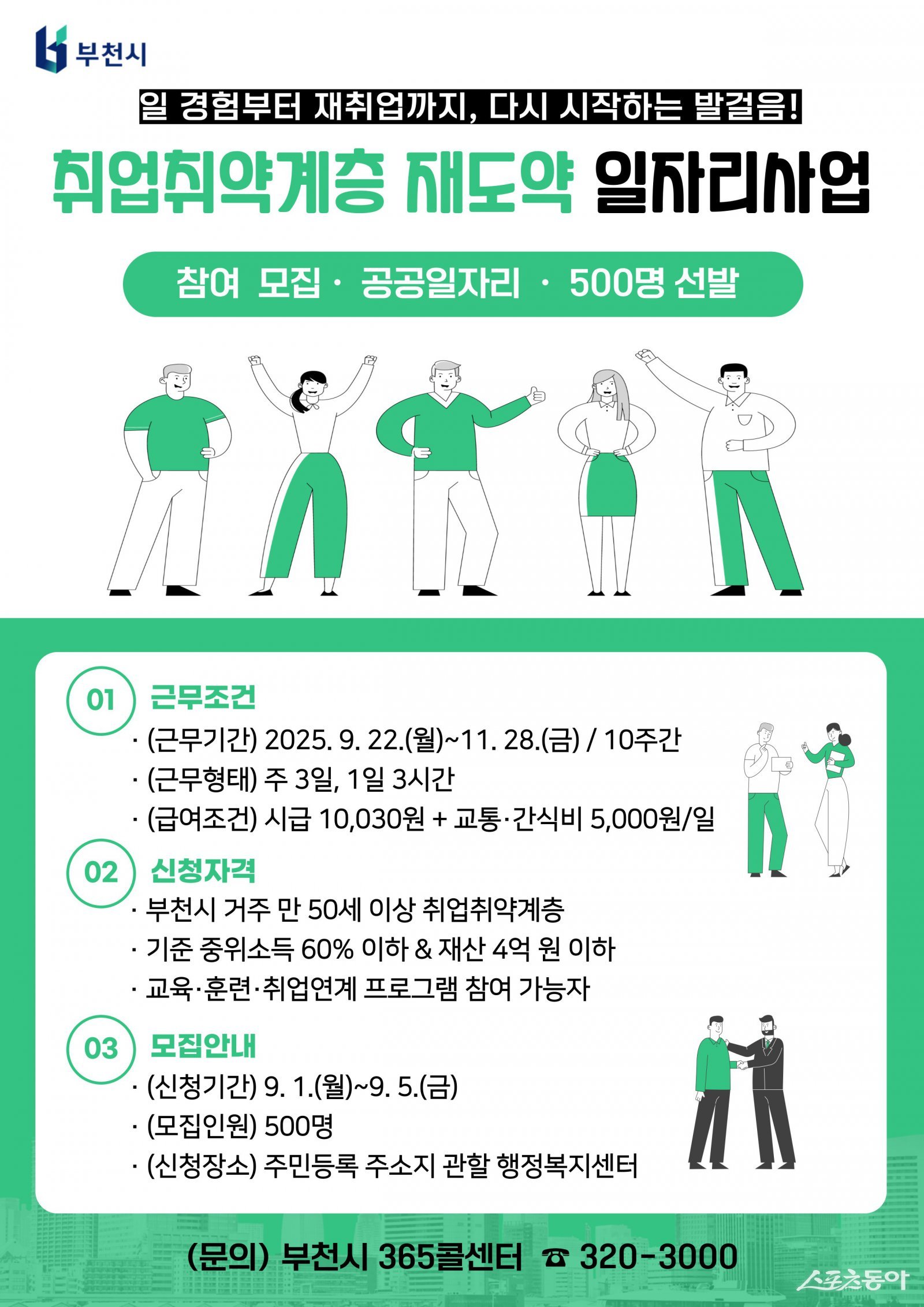 부천시는 오는 9월 22일부터 10주간 만 50세 이상 취업취약계층을 대상으로 지역 밀착형 단기 공공일자리 사업을 추진한다(일자리사업 참여자 모집 포스터). 사진제공|부천시