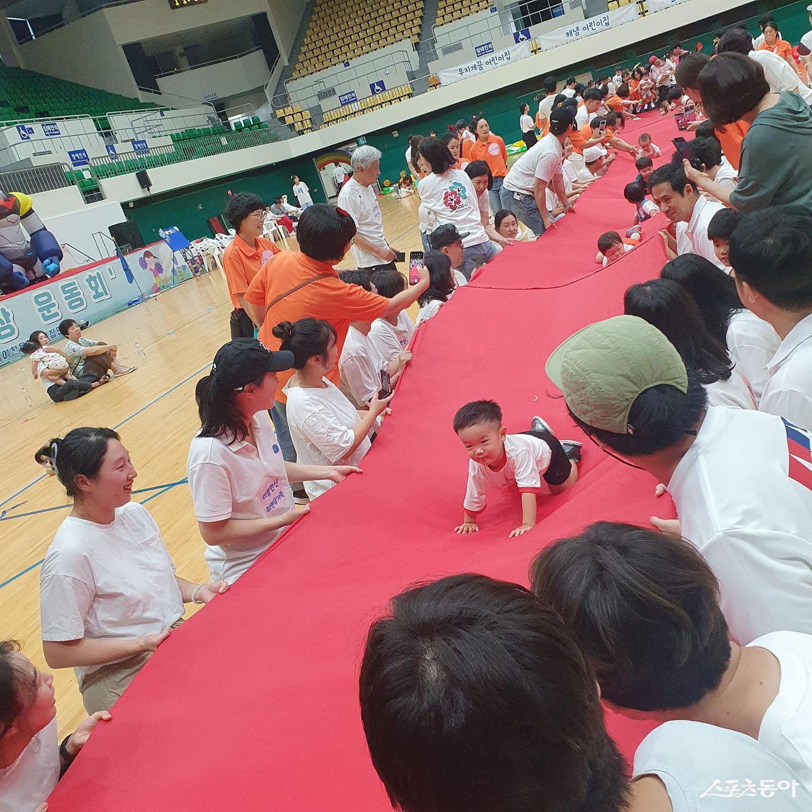 지난해 8월 30일 성남실내체육관에서 열린 제1회 성남시 아장아장 운동회 때 날아라 병아리(긴 천을 부모가 양쪽에서 잡고 아이들이 위로 건너가는 경기) 사진제공ㅣ성남시