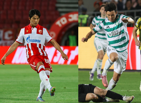 축구국가대표팀 수비수 설영우(왼쪽)과 공격수 양현준이 2025~2026시즌 UCL 본선 무대를 밟지 못하게 됐다. 27일(한국시간) 설영우의 소속팀 즈베즈다는 파포스와 대회 예선 PO라운드 2차전 원정경기서 1-1로 비겨 1, 2차전 합계 1무1패로 UCL 본선행 티켓을 놓쳤다. 이날 양현준의 셀틱도 카이라트와 1, 2차전 합계 2무를 거둬 승부차기에 돌입했지만 2-3으로 패해 아쉬움을 삼켰다. 사진출처│츠르베나 즈베즈다 인스타그램·AP뉴시스