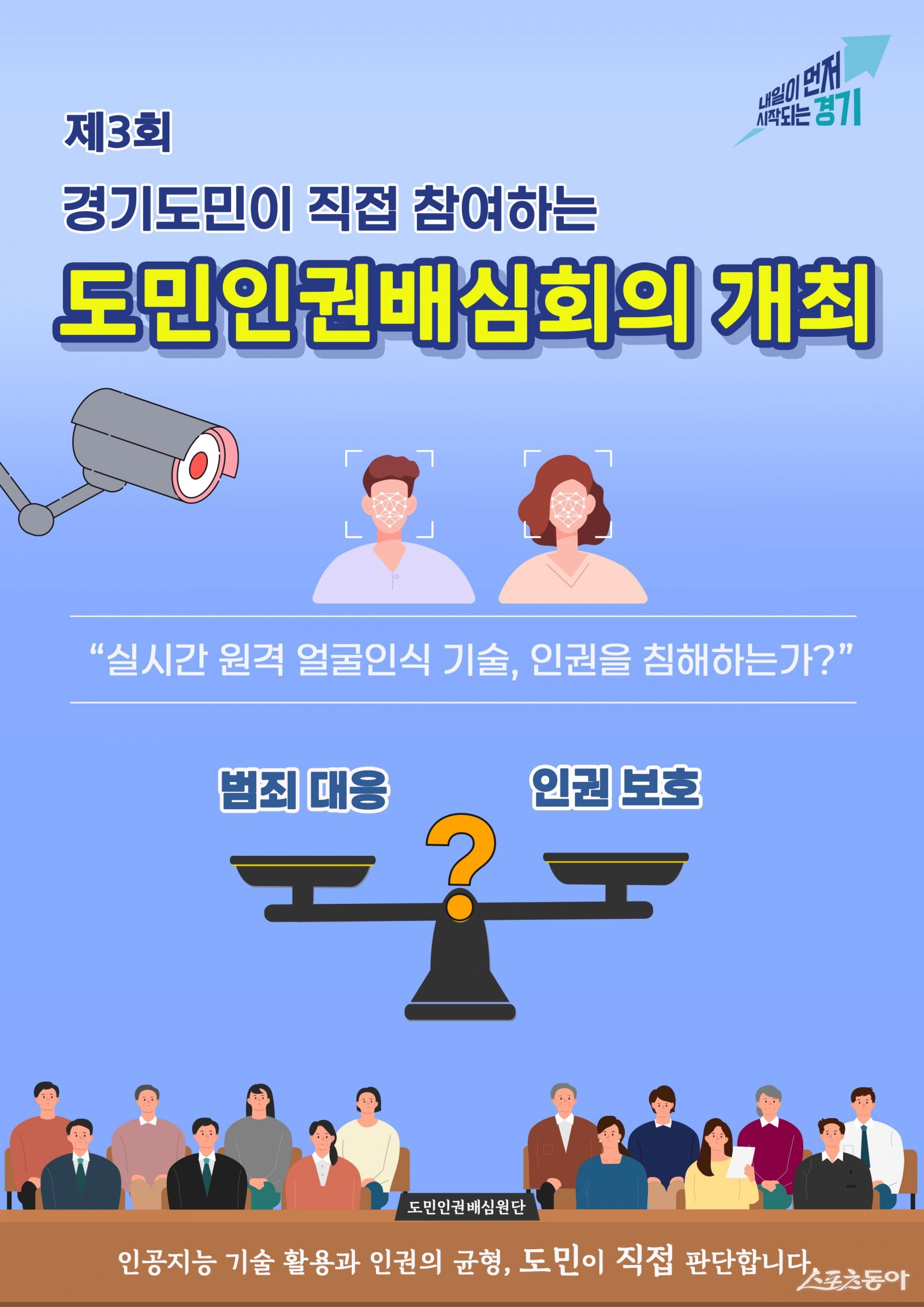경기도는 27일 경기도의회 지하 1층 대회의실에서 ‘2025년 제3회 도민인권배심회의’를 열고 ‘중범죄 대응을 위한 실시간 원격 얼굴인식 기술의 인권 침해 여부’를 주제로 심층 토론을 진행했다(그레픽). 사진제공｜경기도