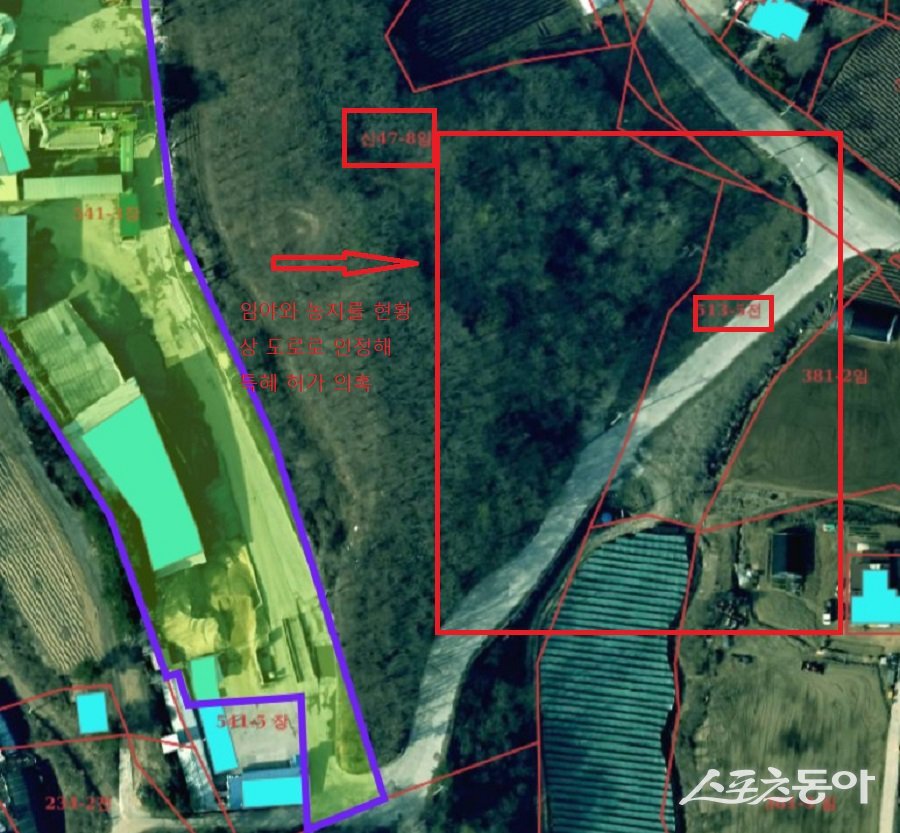 충북 괴산군 감물면 백양리 541-3번지에서 레미콘·아스콘 공장을 운영하는 K업체 진입도로 임야와 농지. 사진제공|국토부