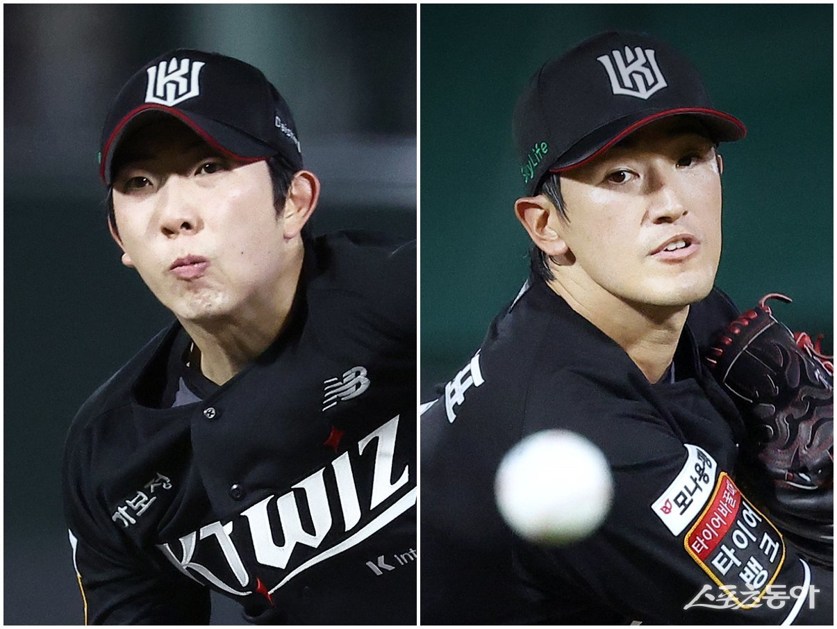 KT 오원석(왼쪽), 고영표가 26, 27일 사직구장에서 열린 롯데와 원정경기에 선발등판해 역투하고 있다. 이들 2명은 올 시즌 10승을 달성하고도 구종 연마와 투구 밸런스 유지를 위해 꾸준히 노력하고 있다. 사진제공|KT 위즈