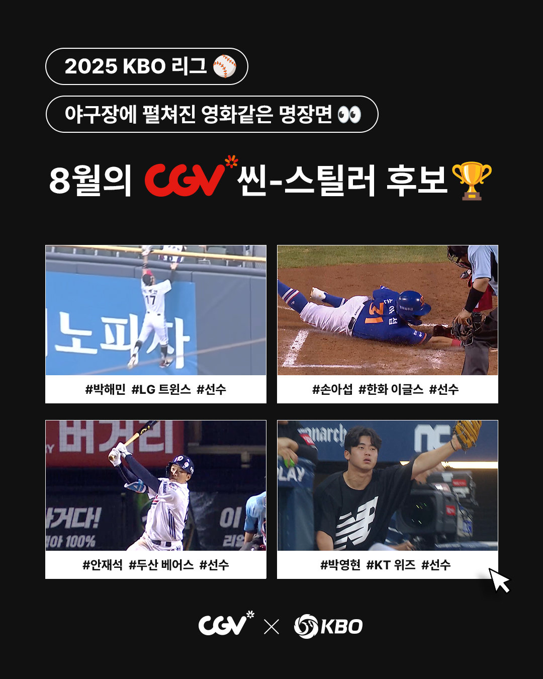 8월 ‘월간 CGV 씬-스틸러상’ 후보. 사진제공|KBO