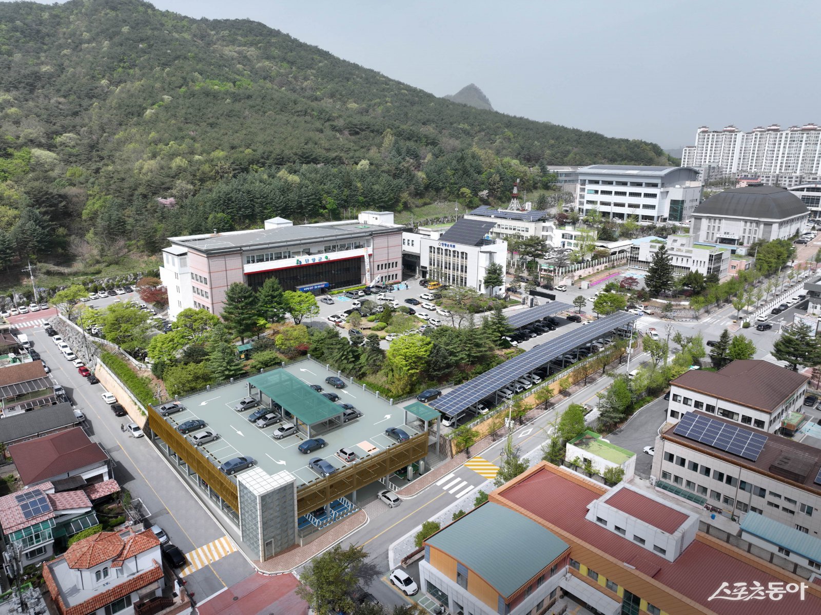 충북 단양군(군수 김문근)이 도심 주차난 해소를 위해 추진 중인 별곡 공용주차장 조성사업이 준공을 눈앞에 두고 있다(조감도). 사진제공｜단양군
