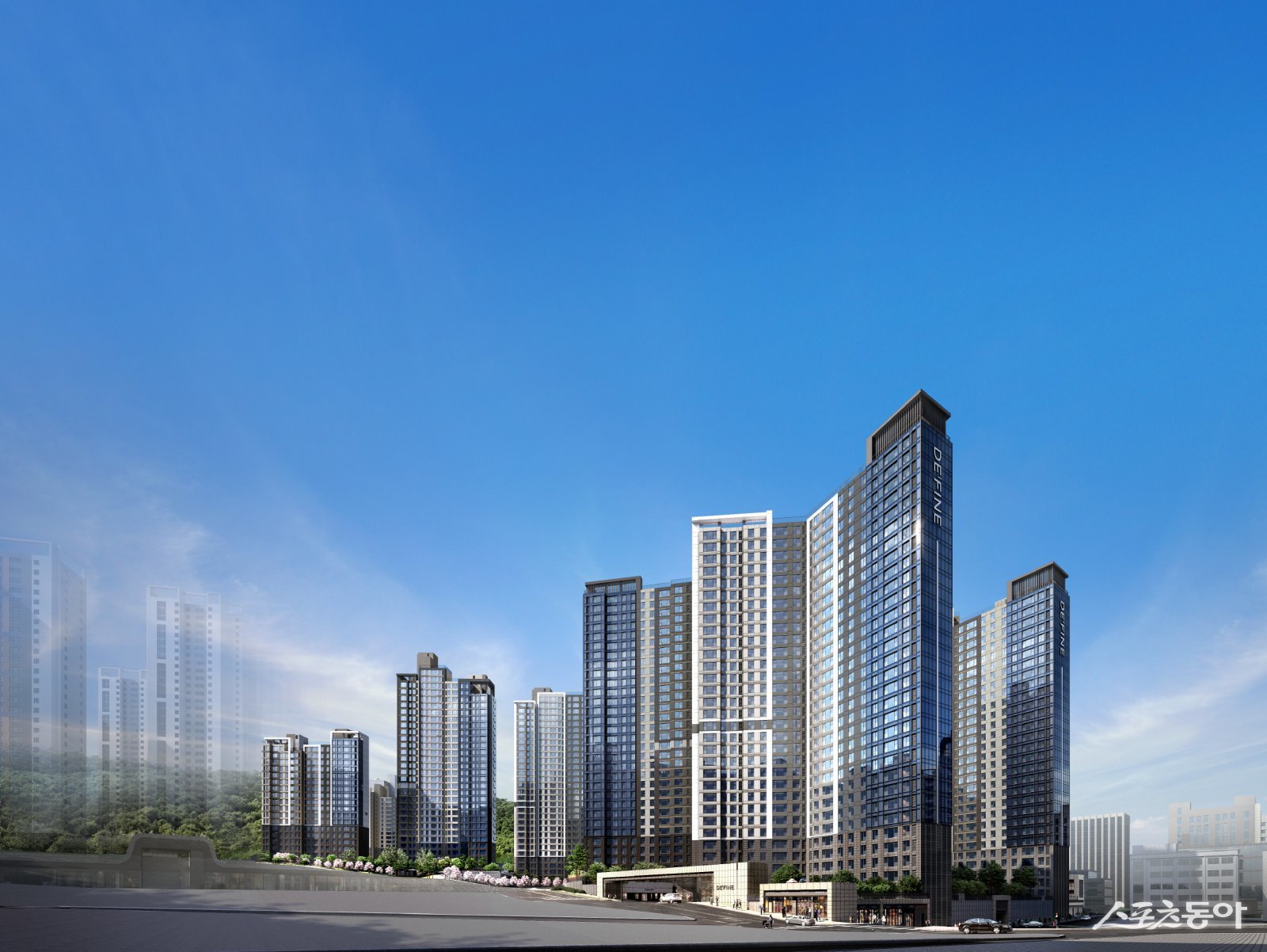 SK에코플랜트가 부산 수영구 광안동에서 역세권 대단지 프리미엄 브랜드 ‘드파인 광안’을 선착순 분양 중이다 .  ‘드파인 광안’ 투시도. 사진제공 ｜ SK에코플랜트